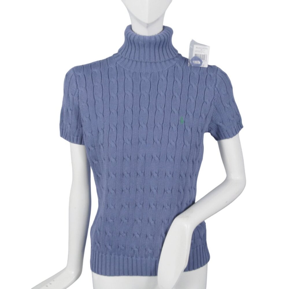 NEW Polo Ralph Lauren Turtleneck Sweater! M Blue Cable Knit Short Sleeve